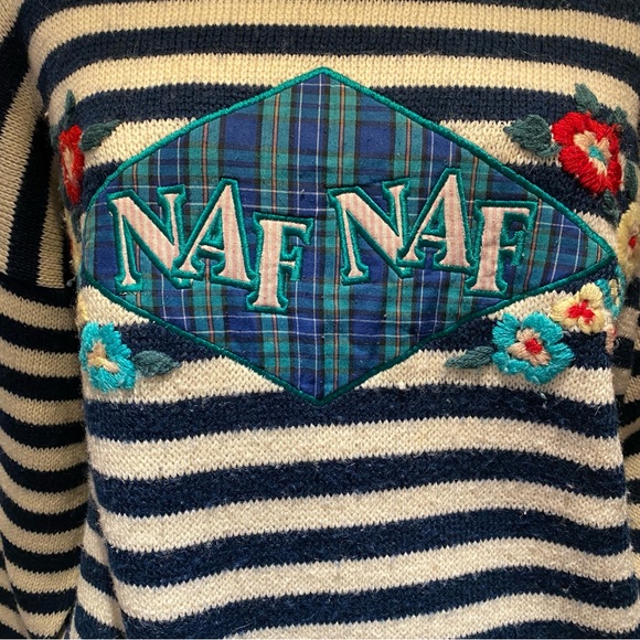 Vintage Naf Naf Wool Blend Embroidered Striped Sweater 🐑 - Picture 2 of 10